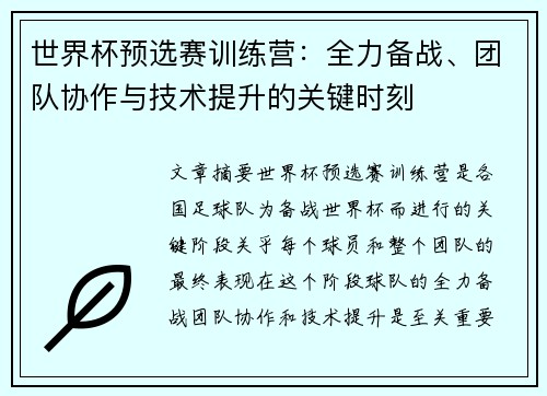 世界杯预选赛训练营：全力备战、团队协作与技术提升的关键时刻