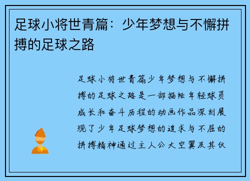 足球小将世青篇：少年梦想与不懈拼搏的足球之路