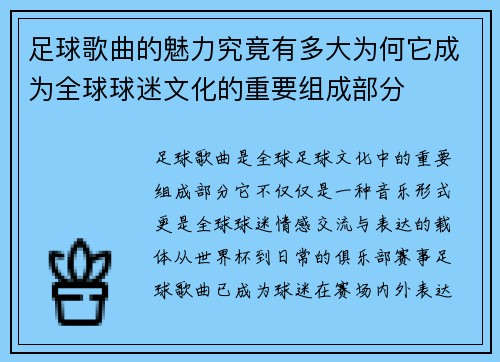 足球歌曲的魅力究竟有多大为何它成为全球球迷文化的重要组成部分